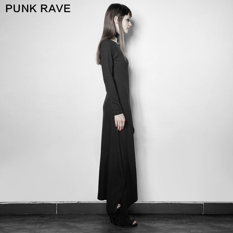 PQ-192 black Party High Slit Vintage Casual Asymmetric Hem Punk Dress