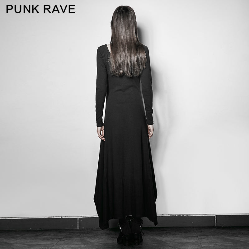 PQ-192 black Party High Slit Vintage Casual Asymmetric Hem Punk Dress
