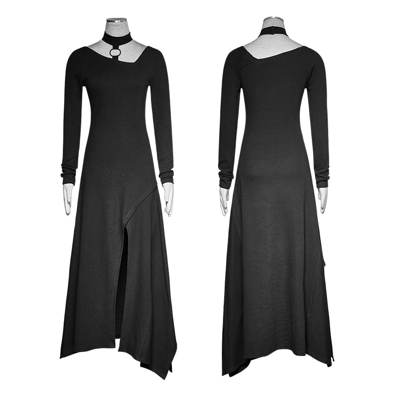PQ-192 black Party High Slit Vintage Casual Asymmetric Hem Punk Dress