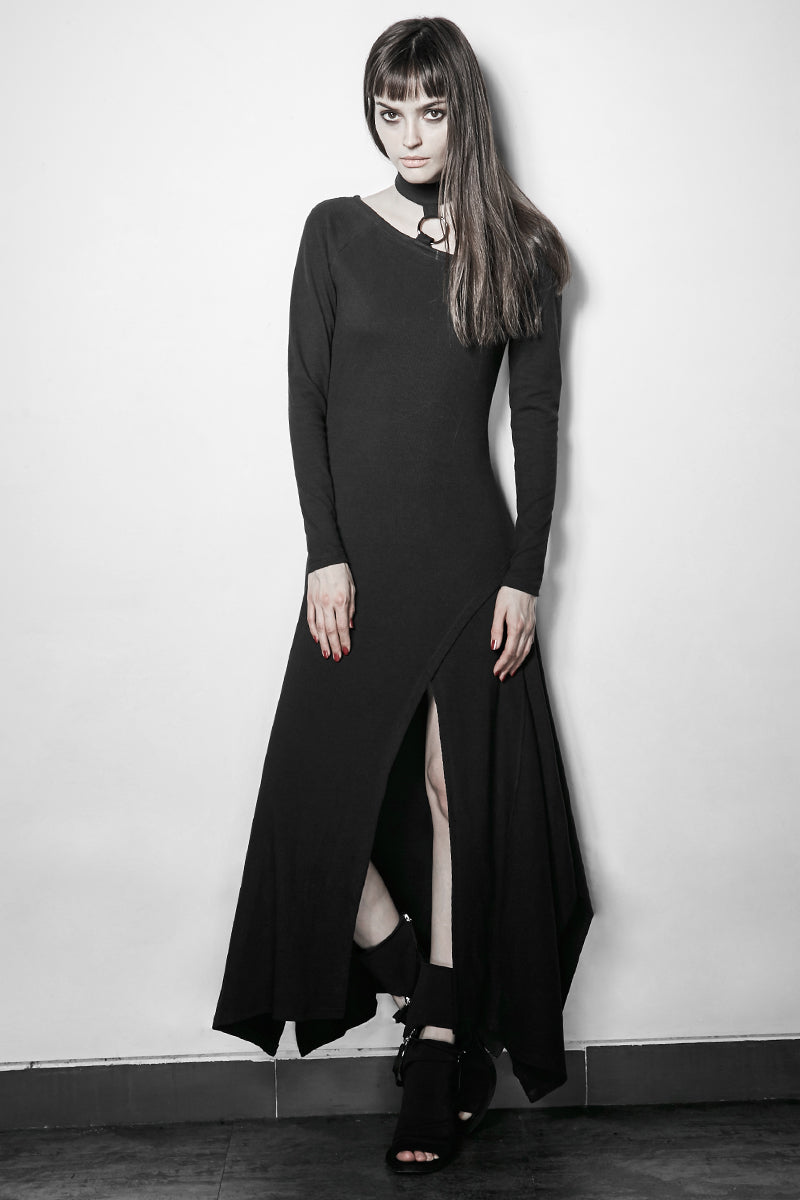 PQ-192 black Party High Slit Vintage Casual Asymmetric Hem Punk Dress