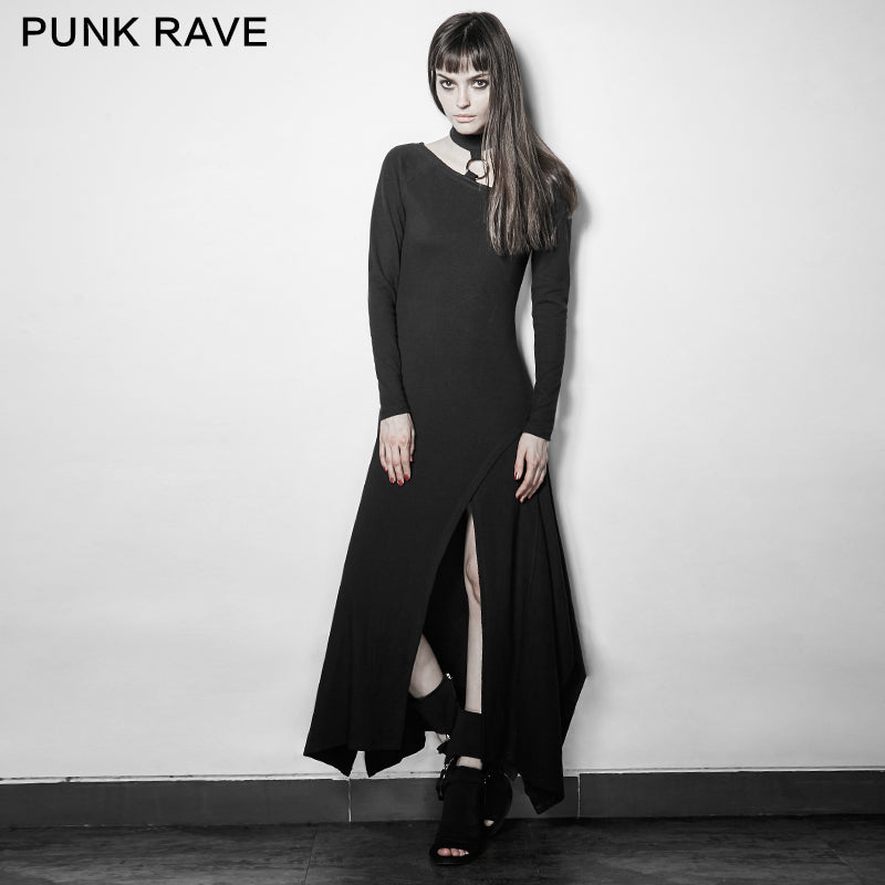 PQ-192 black Party High Slit Vintage Casual Asymmetric Hem Punk Dress