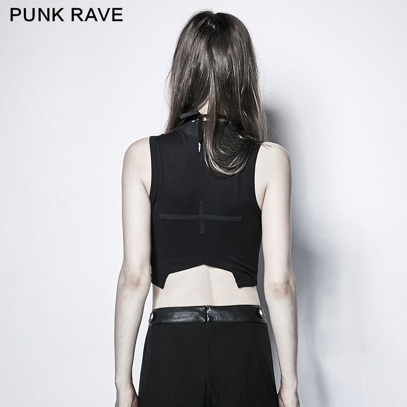 PT-102 Roll Dark Small Stand Collar Cross Minimalist Punk Vest
