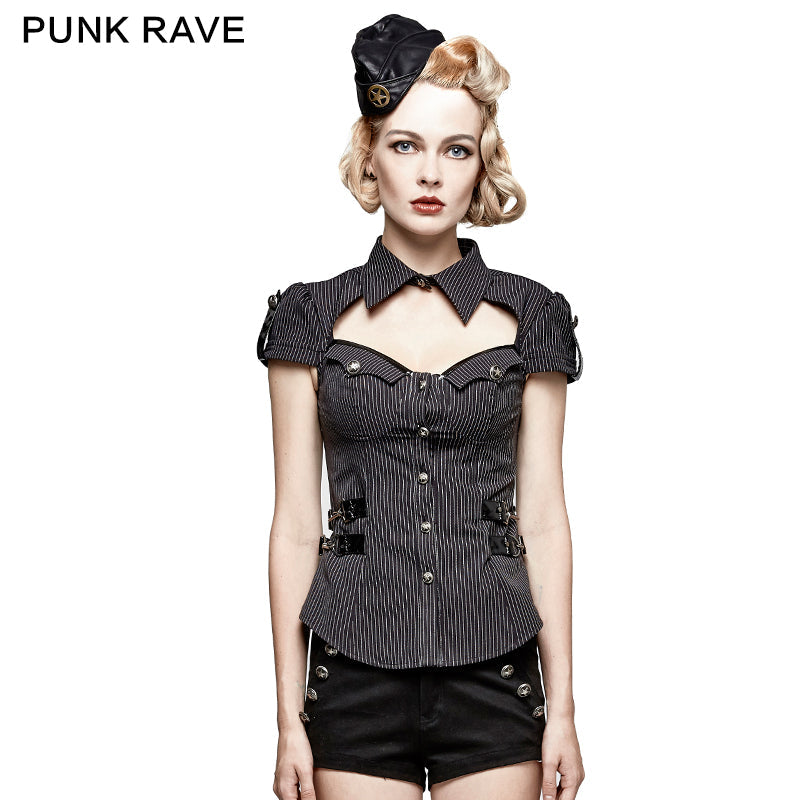 Y-720 Cool black Short Sleeves Fitted Women Tunic Punk Shirts