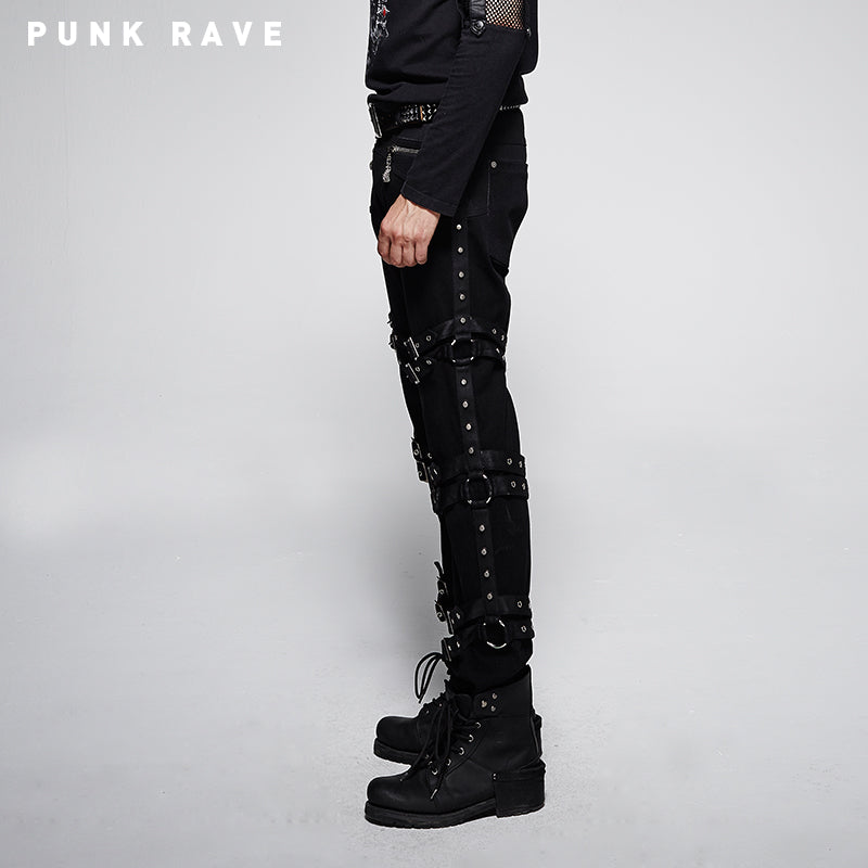 K-206 Brand New Style Belts Decorated 100% Cotton Slim Punk Pants