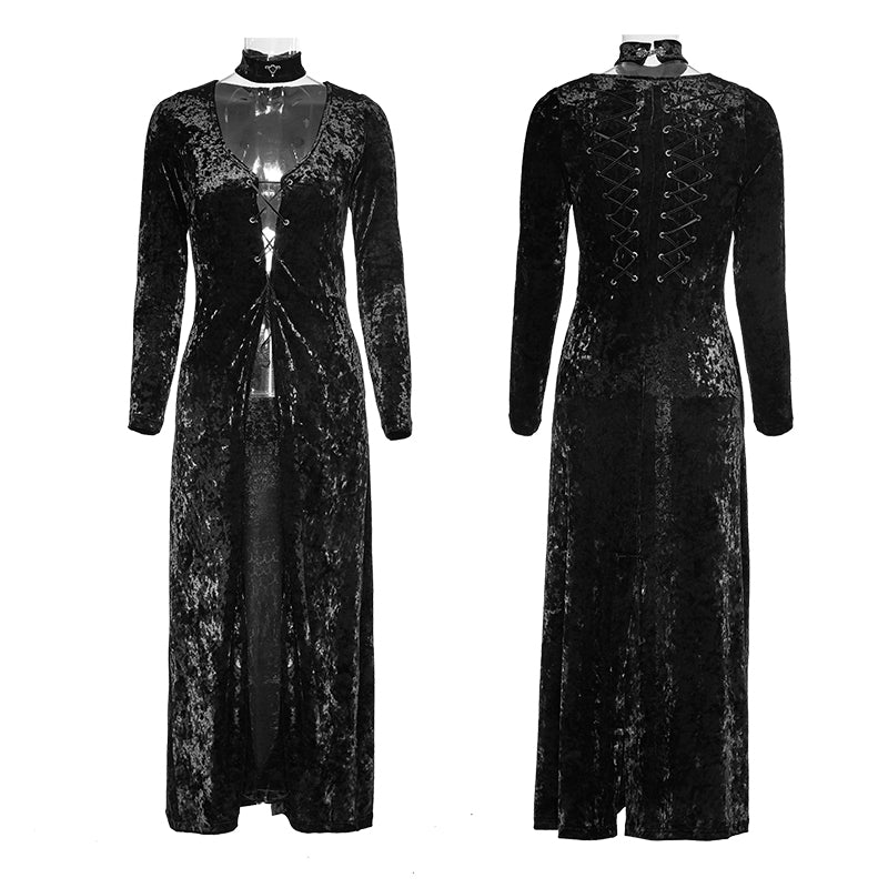 Y-735 Retro-minimalist Band Imitation Gold Laced Back Velvet Gothic Coat