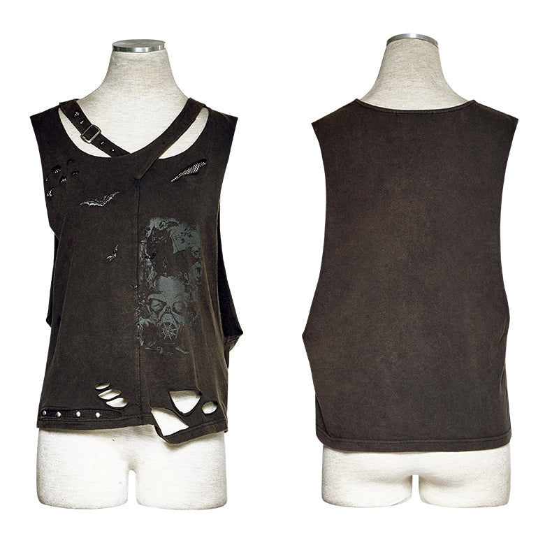 T-450 Cotton 100% Printed Hole Knitted Leisure Punk Vest