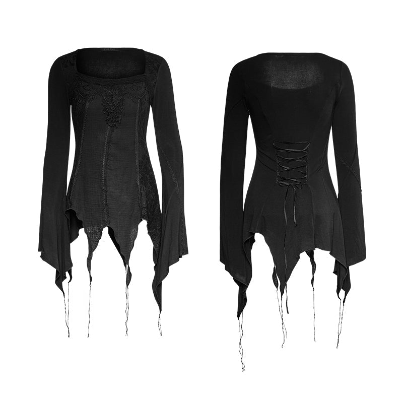 T-452 Asymmetric Hem Square Collar Feminine Gothic T-shirts