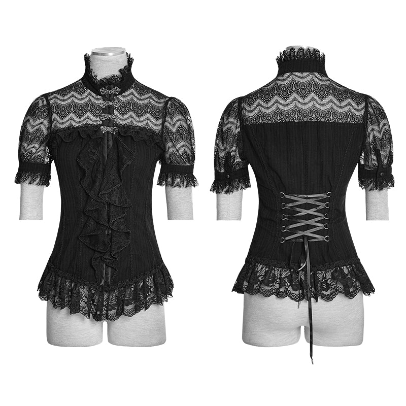 Y-723 Elegant Women 100% Cotton Lace Collar Tunic Ruffle Gothic Shirt