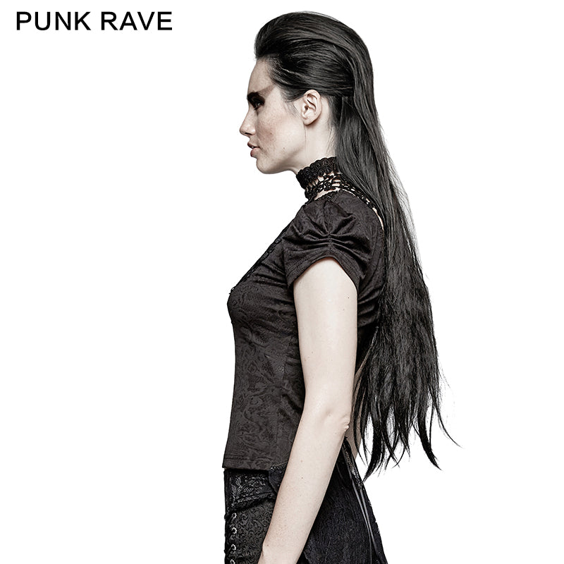 T-454 Swallow Tail Jacquard Short Sleeve Lace Gothic T-shirts