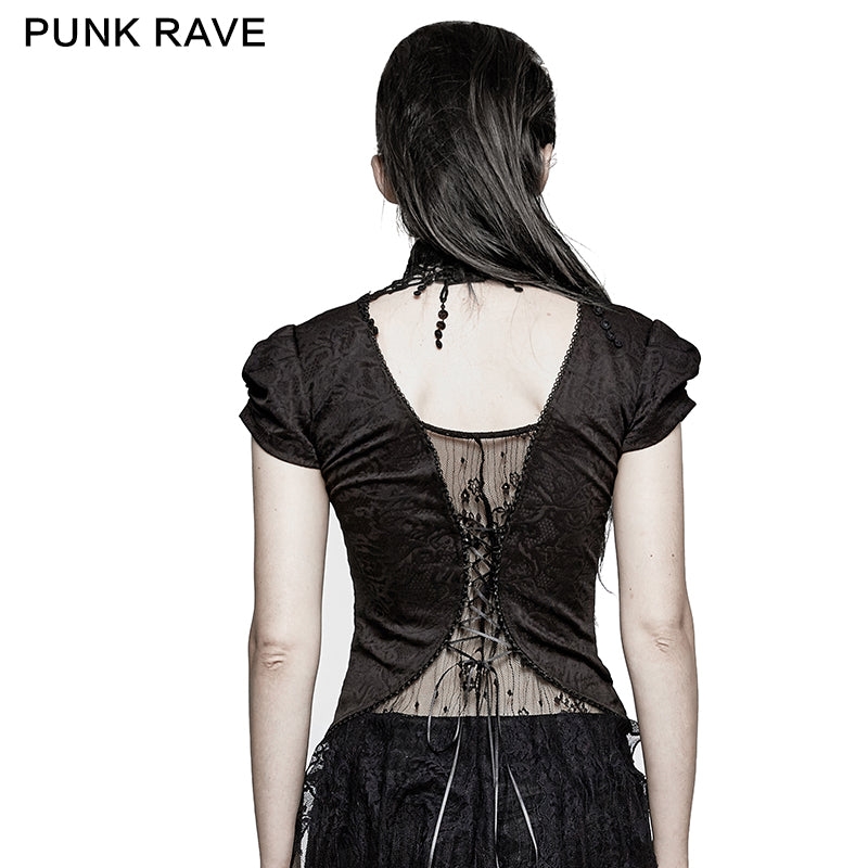 T-454 Swallow Tail Jacquard Short Sleeve Lace Gothic T-shirts