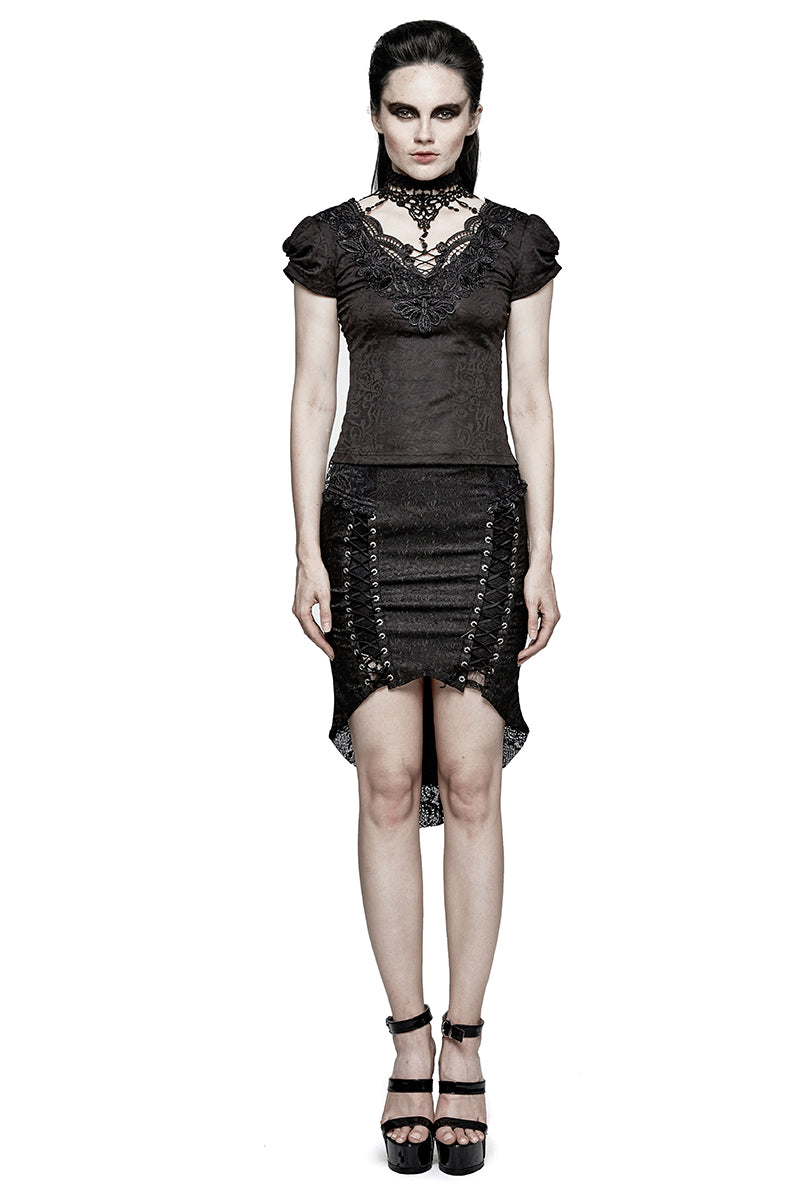 T-454 Swallow Tail Jacquard Short Sleeve Lace Gothic T-shirts