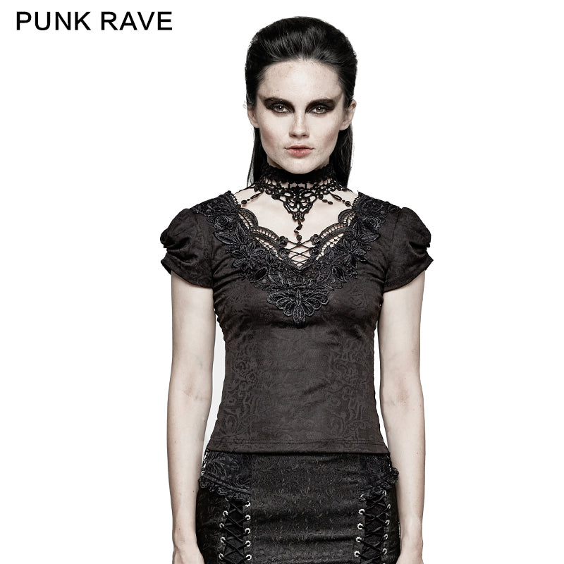 T-454 Swallow Tail Jacquard Short Sleeve Lace Gothic T-shirts