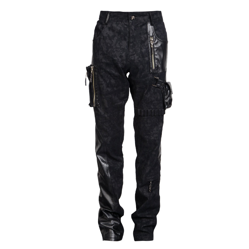 K-213 With Pocket Camouflage Splicing New Leather Jean Punk Pants