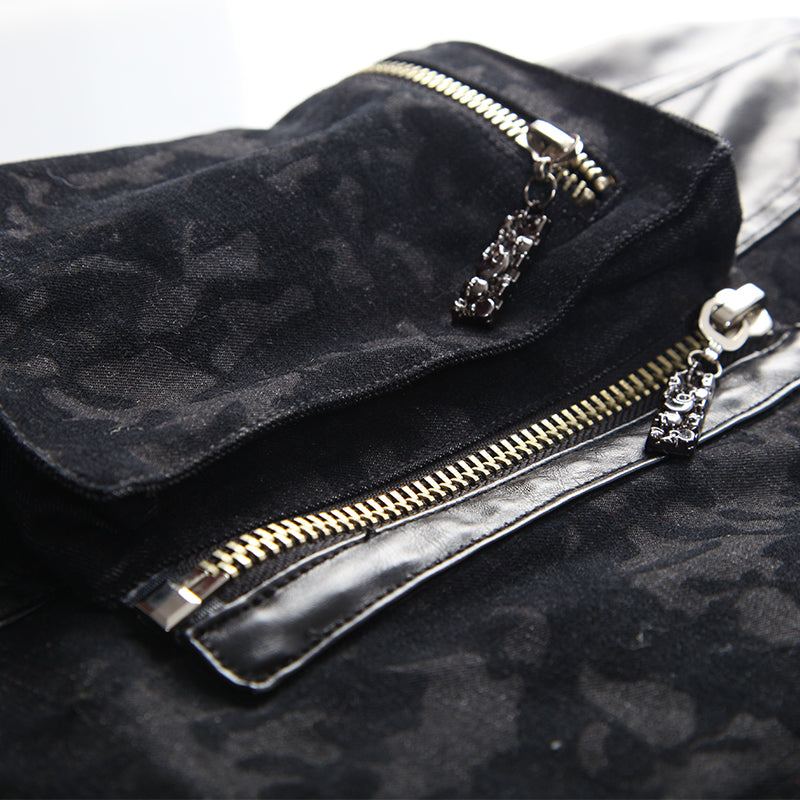 K-213 With Pocket Camouflage Splicing New Leather Jean Punk Pants