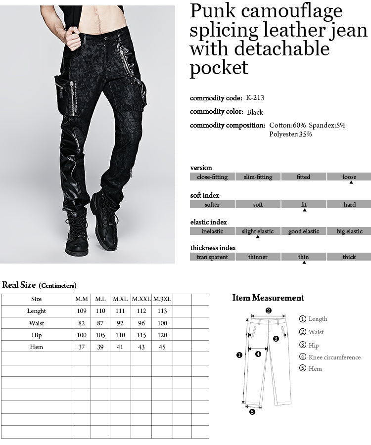 K-213 With Pocket Camouflage Splicing New Leather Jean Punk Pants