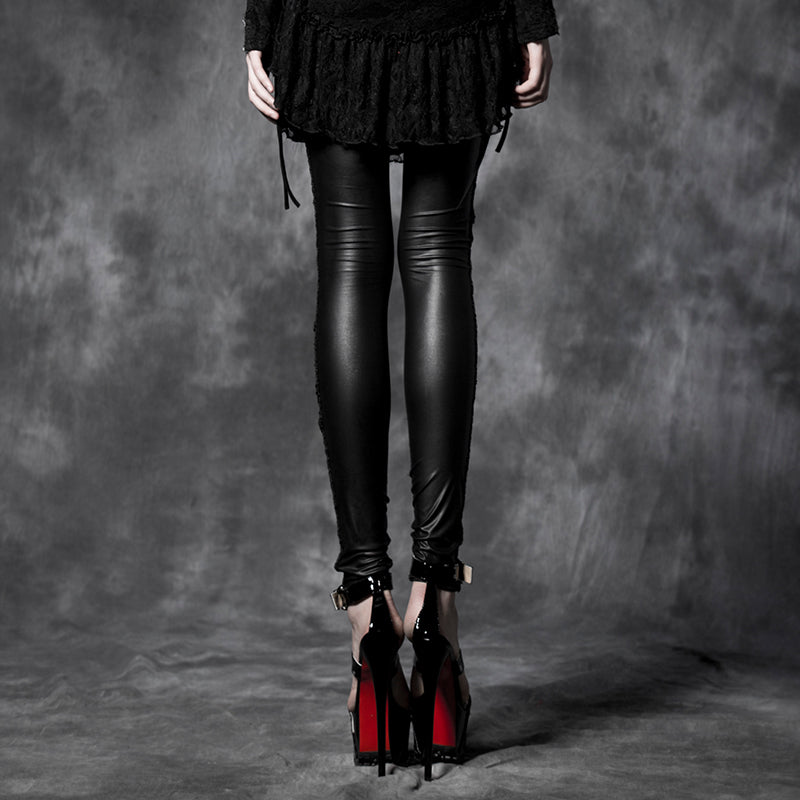 PK-026 black Leather Tight Gothic Pants With Lace