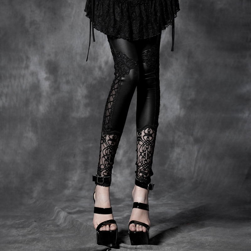 PK-026 black Leather Tight Gothic Pants With Lace