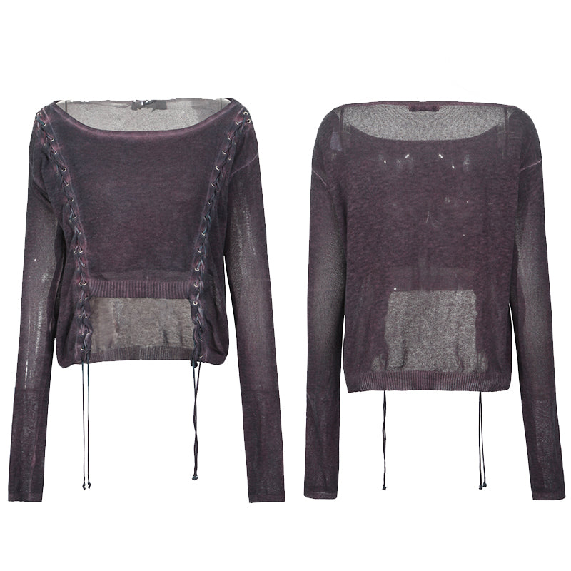 PM-036 Double Row Corns Punk Sweaters With Metal Eyelets Through Cotton Rope