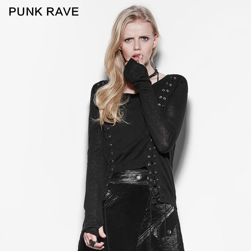 PM-036 Double Row Corns Punk Sweaters With Metal Eyelets Through Cotton Rope