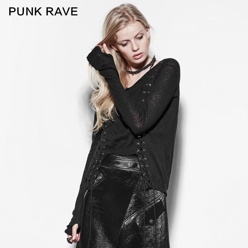 PM-036 Double Row Corns Punk Sweaters With Metal Eyelets Through Cotton Rope