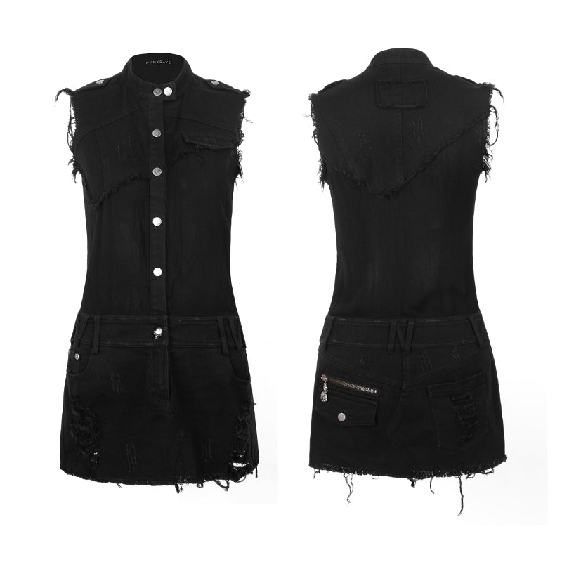PQ-117 Vintage Torn And Ragged Sleeveless Denim Punk Dress