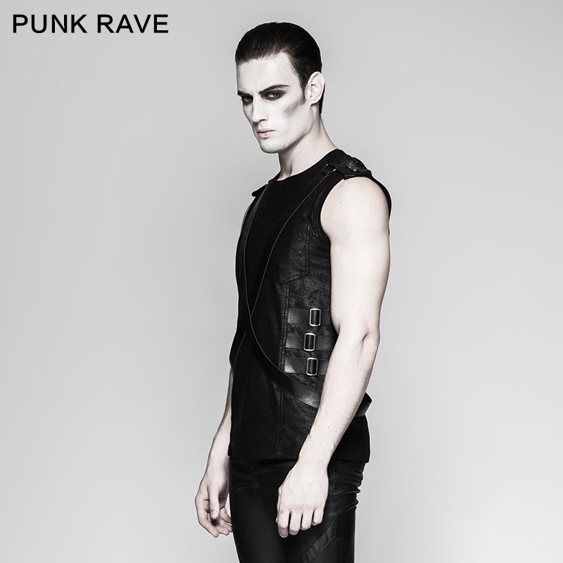 T-464 New Military Leather Straps Sleeveless Men Punk Vest