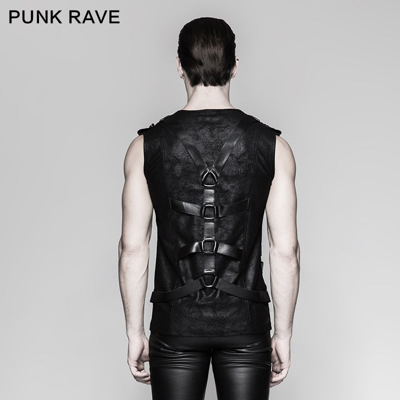 T-464 New Military Leather Straps Sleeveless Men Punk Vest