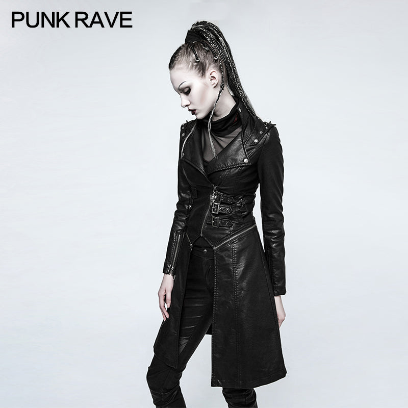 Y-787 Handsome Stand-collar Long Leather Punk Coat For Women