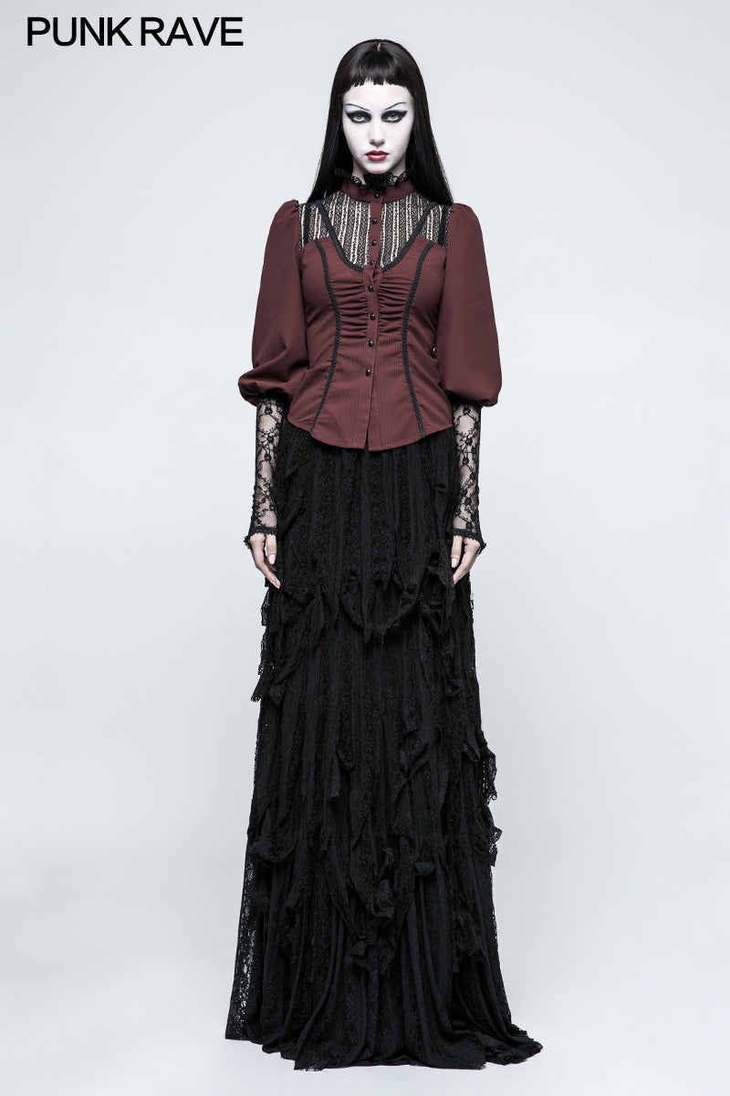 Y-794 Women Stripe Micro-elastic Punk Shirt With Half Lantern Puff Sleeve
