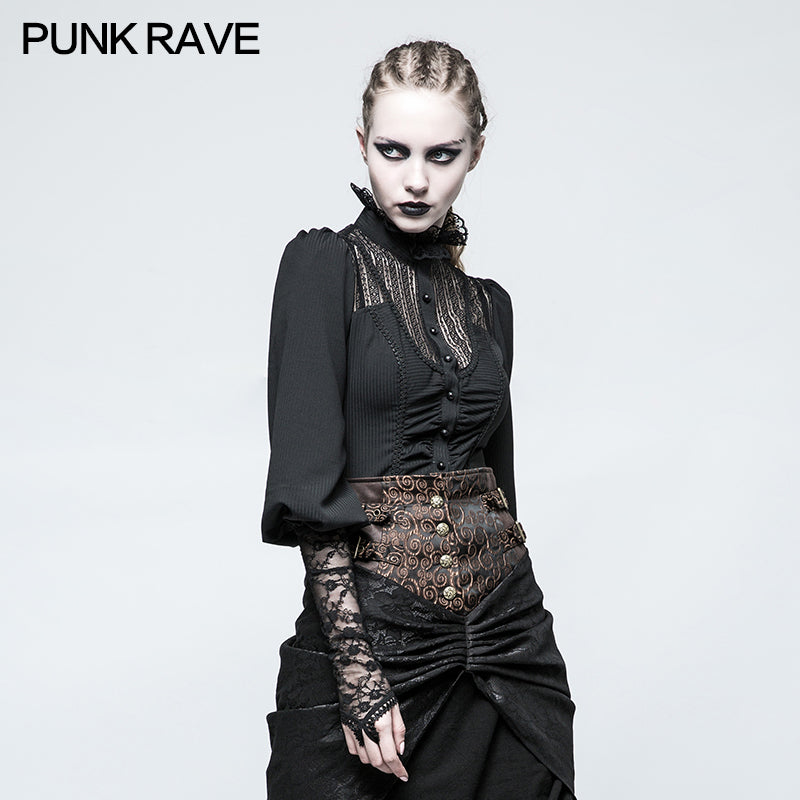 Y-794 Women Stripe Micro-elastic Punk Shirt With Half Lantern Puff Sleeve