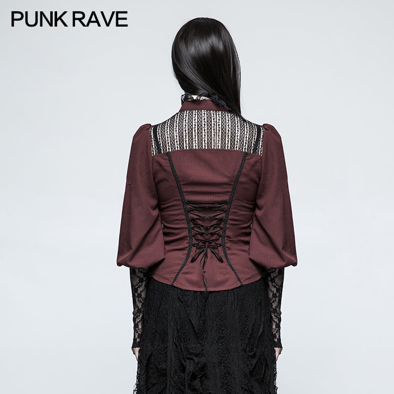 Y-794 Women Stripe Micro-elastic Punk Shirt With Half Lantern Puff Sleeve