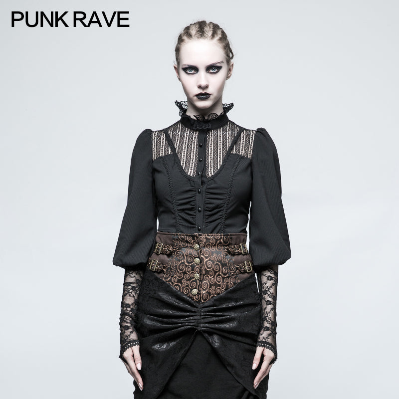 Y-794 Women Stripe Micro-elastic Punk Shirt With Half Lantern Puff Sleeve