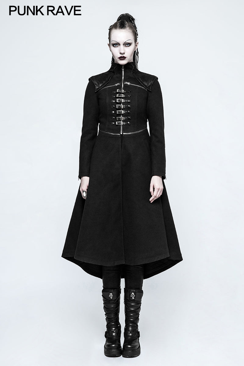 Y-777 Handsome Long black Punk Coat For Women Worsted Fabric Dress