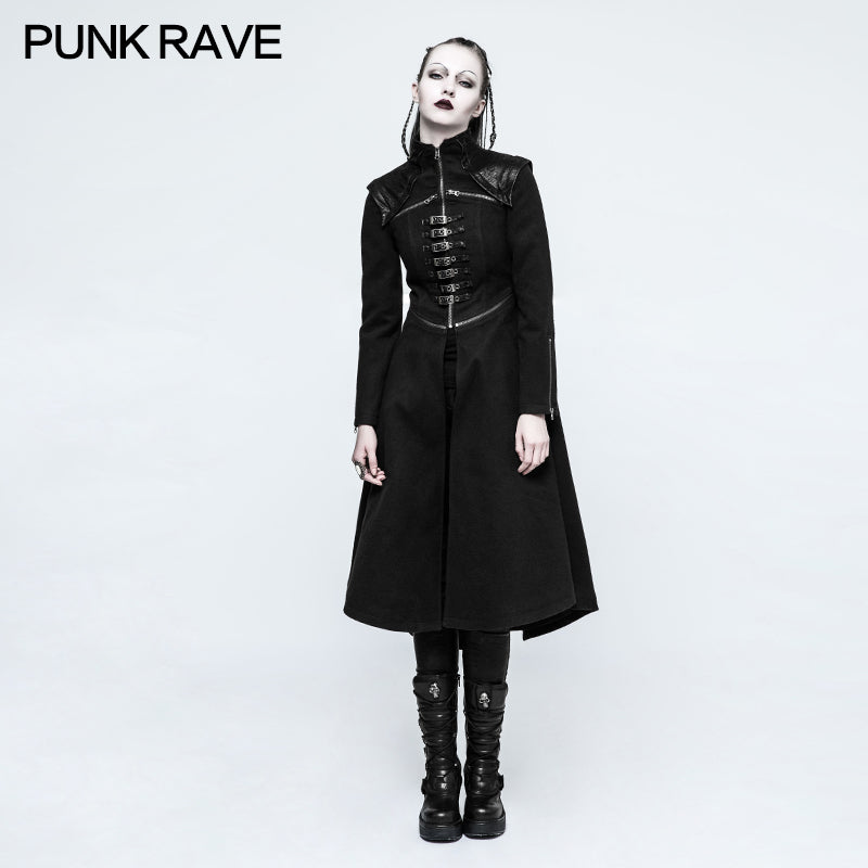 Y-777 Handsome Long black Punk Coat For Women Worsted Fabric Dress