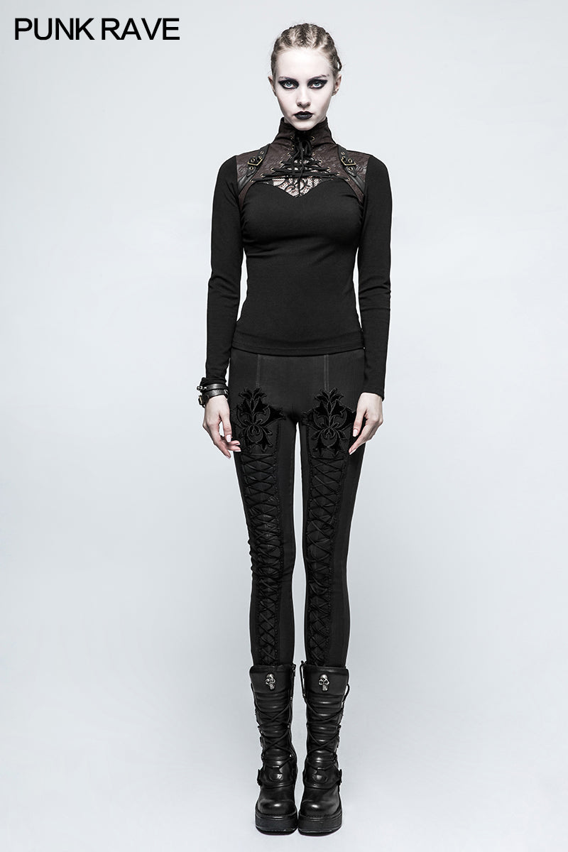 T-476 Steampunk Anti-straps Long Sleeve Punk T-shirts With High Neck Collar