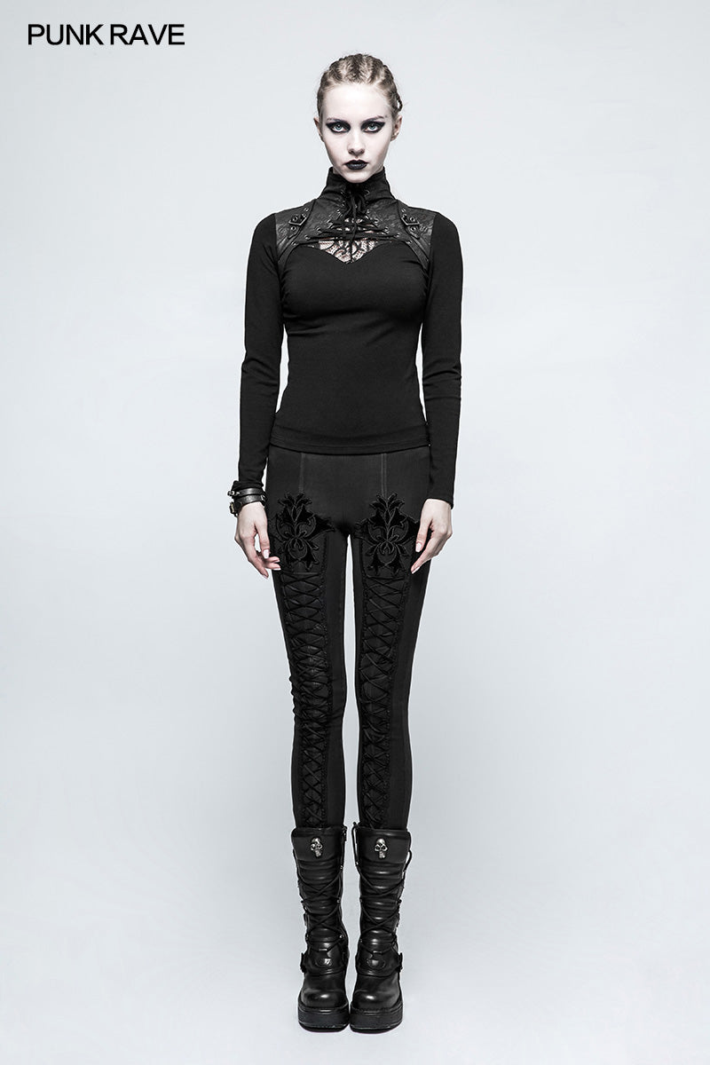 T-476 Steampunk Anti-straps Long Sleeve Punk T-shirts With High Neck Collar