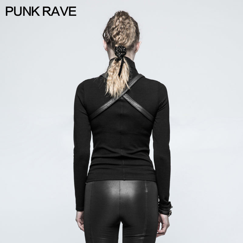 T-476 Steampunk Anti-straps Long Sleeve Punk T-shirts With High Neck Collar