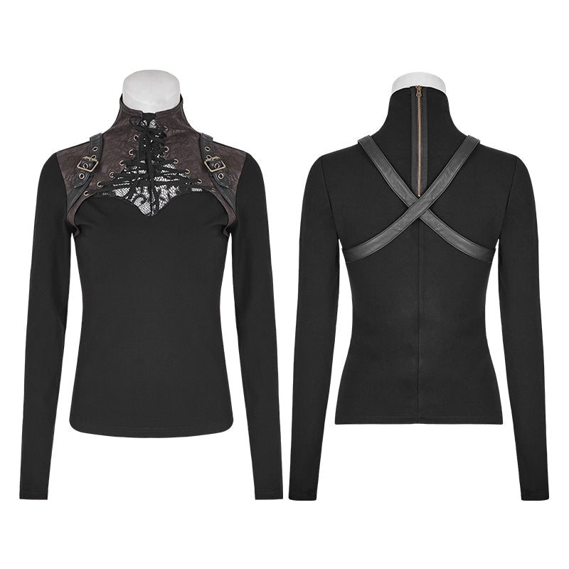 T-476 Steampunk Anti-straps Long Sleeve Punk T-shirts With High Neck Collar