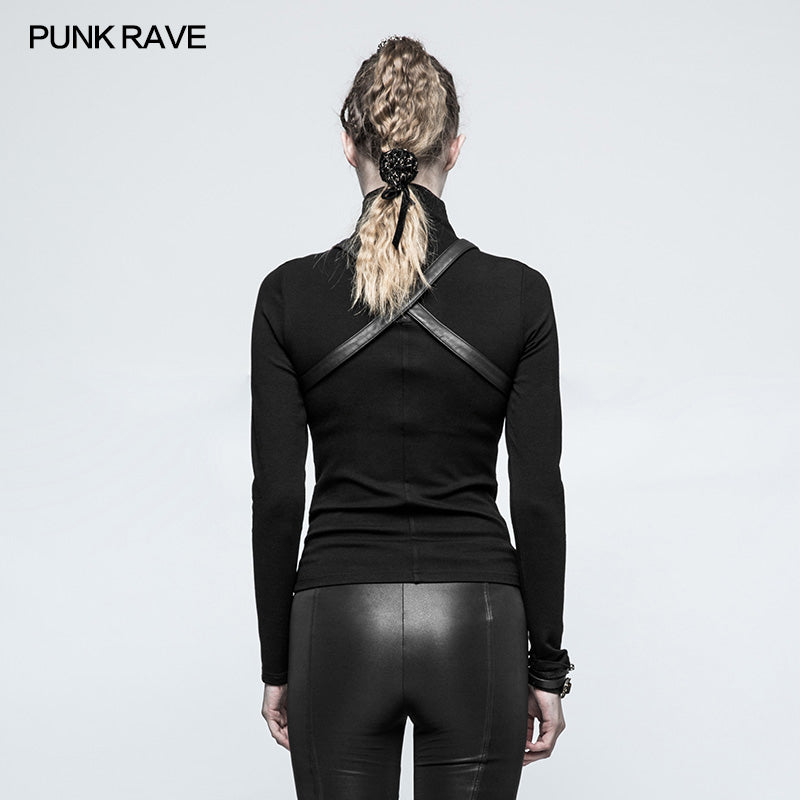 T-476 Steampunk Anti-straps Long Sleeve Punk T-shirts With High Neck Collar