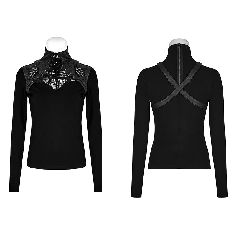 T-476 Steampunk Anti-straps Long Sleeve Punk T-shirts With High Neck Collar