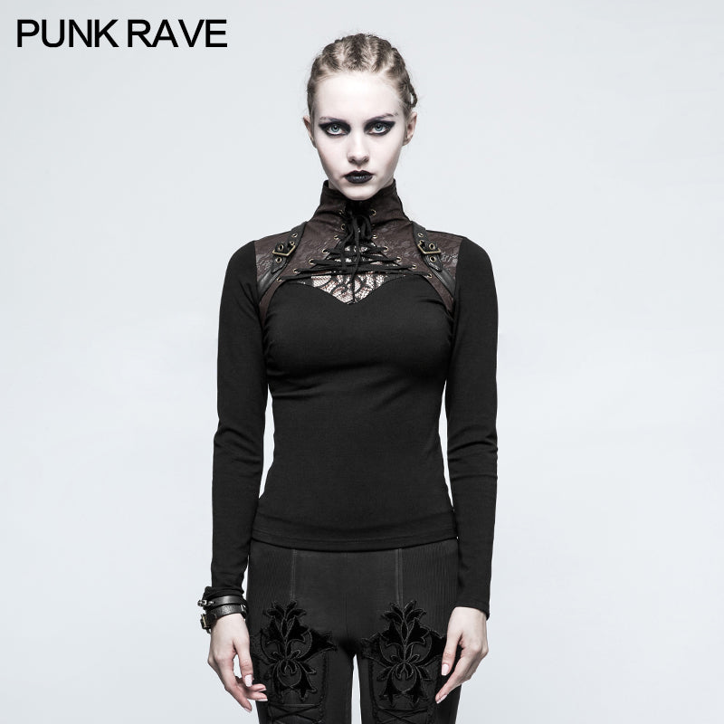 T-476 Steampunk Anti-straps Long Sleeve Punk T-shirts With High Neck Collar