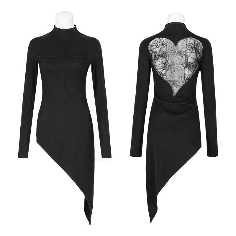 T-479 Back Peach Heart Asymmetry Cross Design Gothic T-shirts For Women