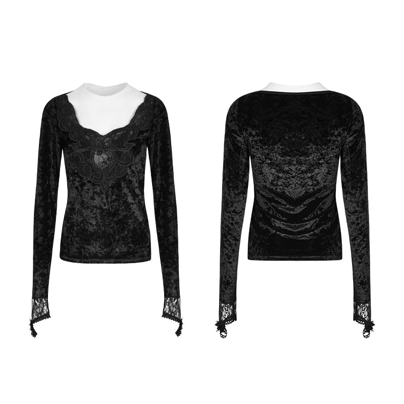 T-477 Daily Embroidery Diamond Velvet Gothic T-shirts With Positioning Necktie
