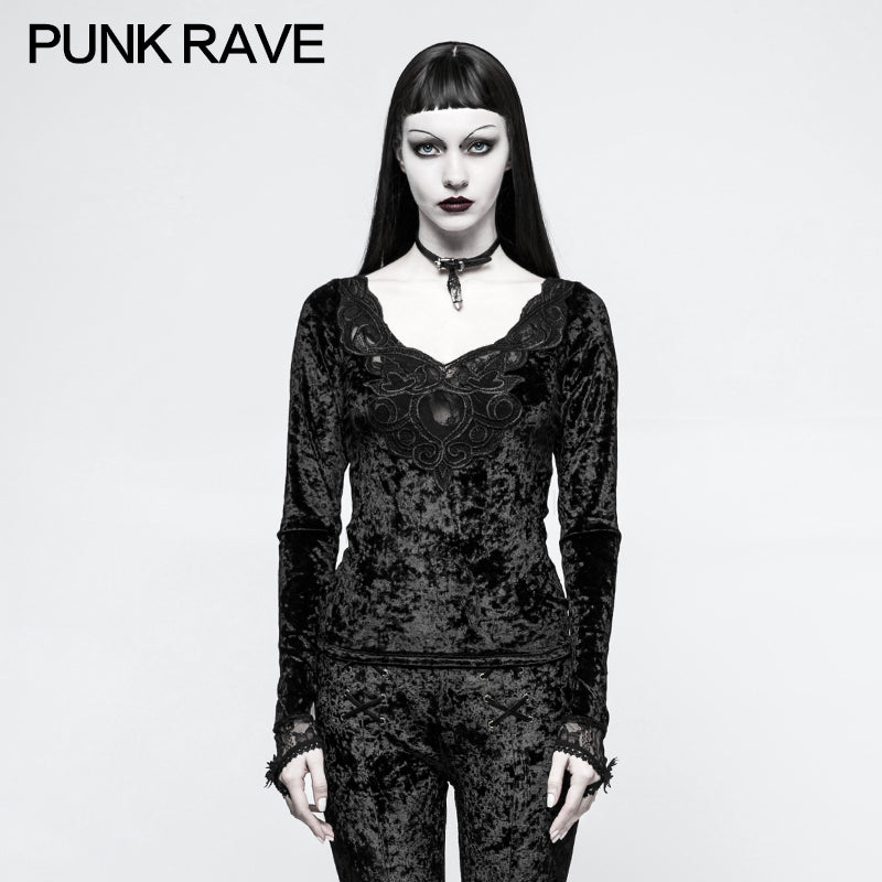 T-477 Daily Embroidery Diamond Velvet Gothic T-shirts With Positioning Necktie