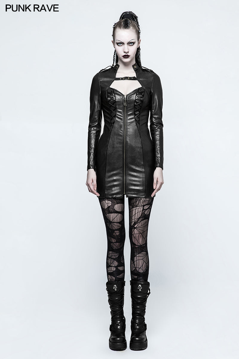 Q-337 Women Sexy Skinny Leather black Punk Dress With Zipper