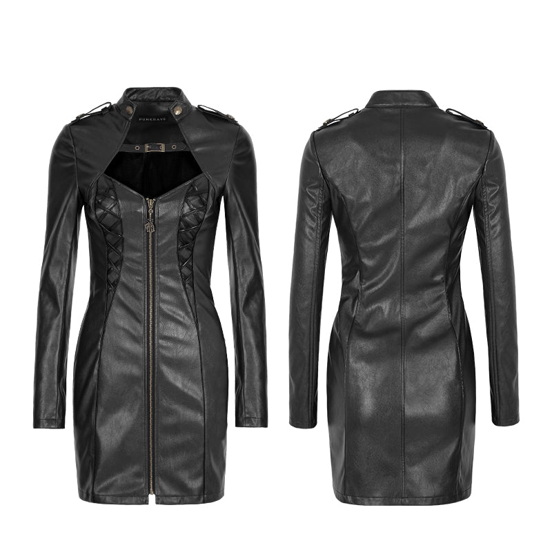 Q-337 Women Sexy Skinny Leather black Punk Dress With Zipper