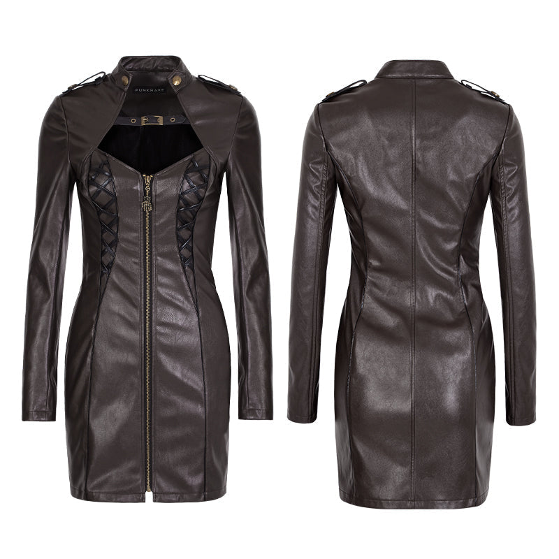 Q-337 Women Sexy Skinny Leather black Punk Dress With Zipper
