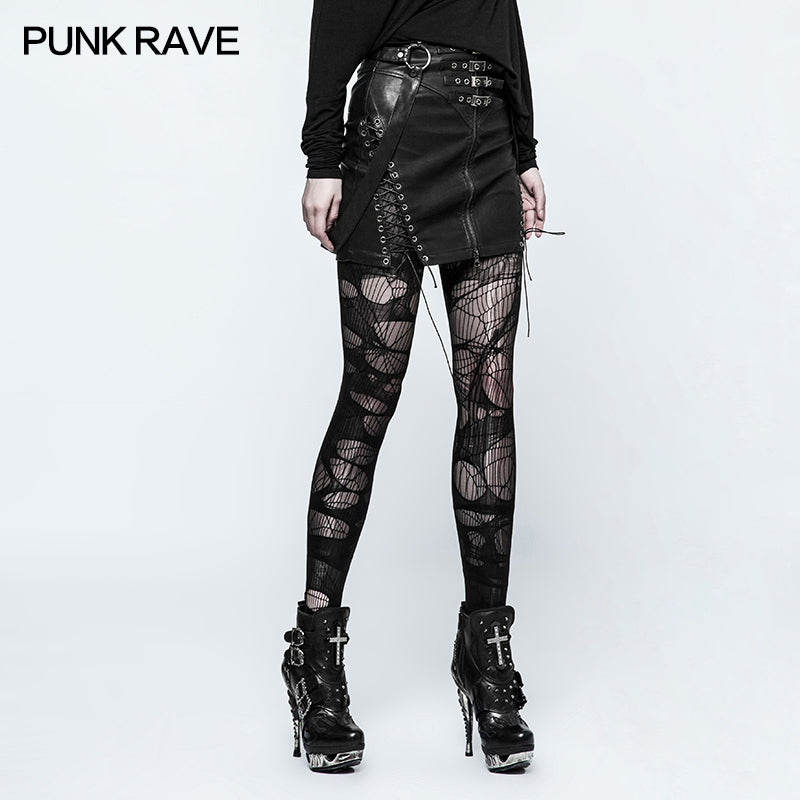 Q-333 Personality Leather black Half Punk Skirt With Snap Button