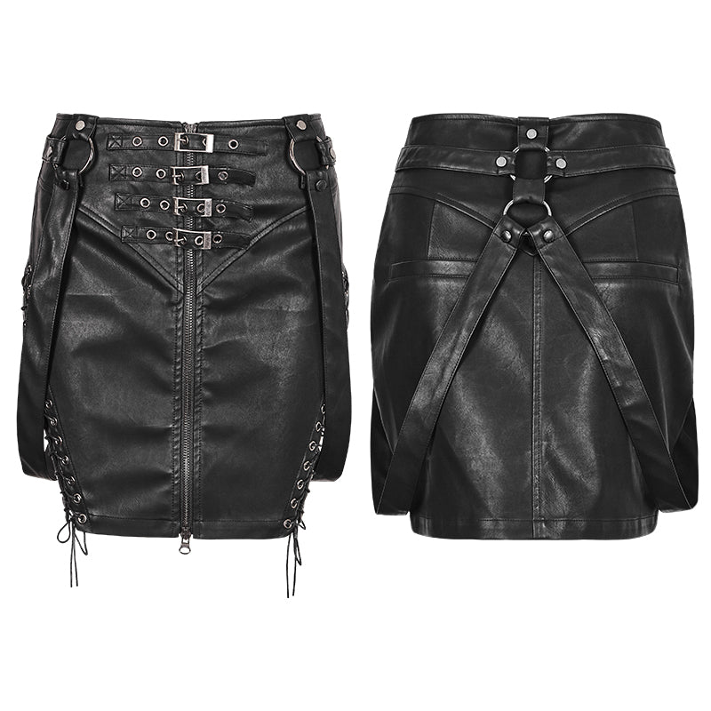 Q-333 Personality Leather black Half Punk Skirt With Snap Button