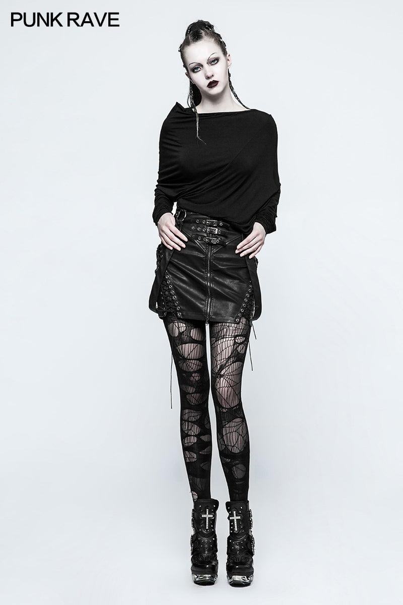 Q-333 Personality Leather black Half Punk Skirt With Snap Button